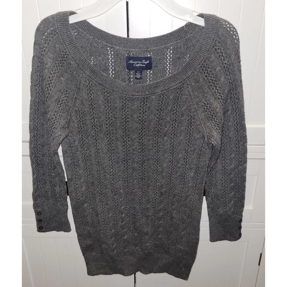 American Eagle Gray Cable Knit Pointelle Scoop Neck 3/4 Sleeve Sweater Small y2k